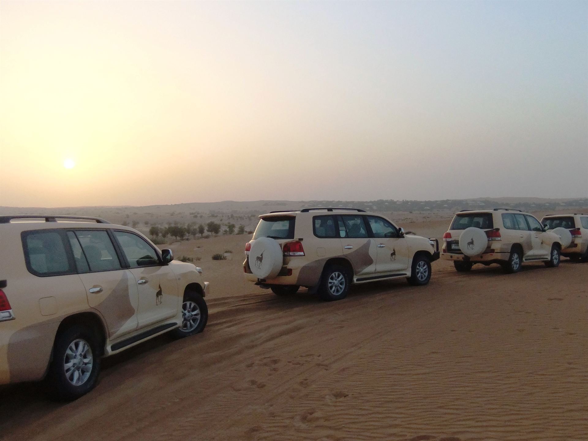 Off-road convoy at sunset in the dunes